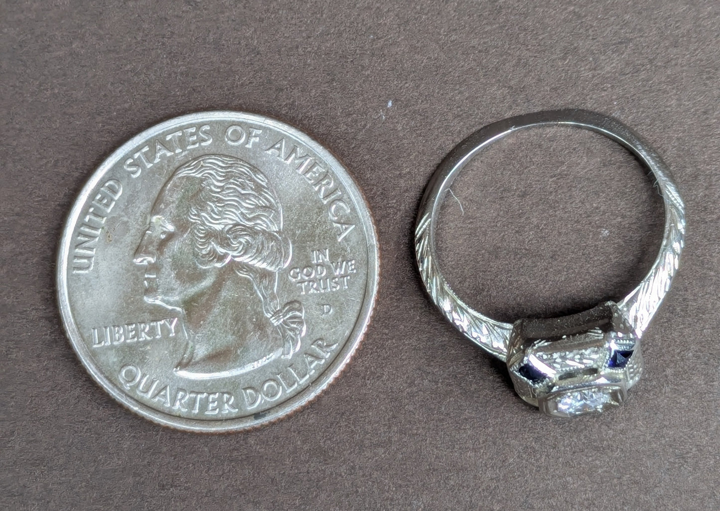 18kt White Gold Illusion Mounted Diamond Ring with French Cut Sapphires