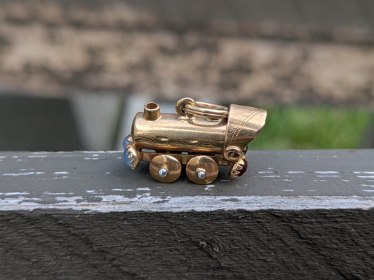 14kt Train Car Charm with Moonstone and Garnet
