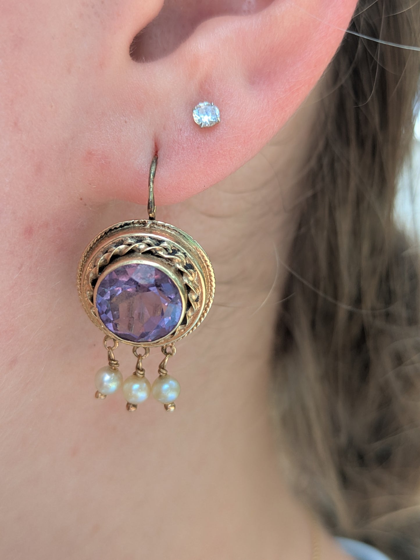 14kt Amethyst Earrings with Pearl Dangles