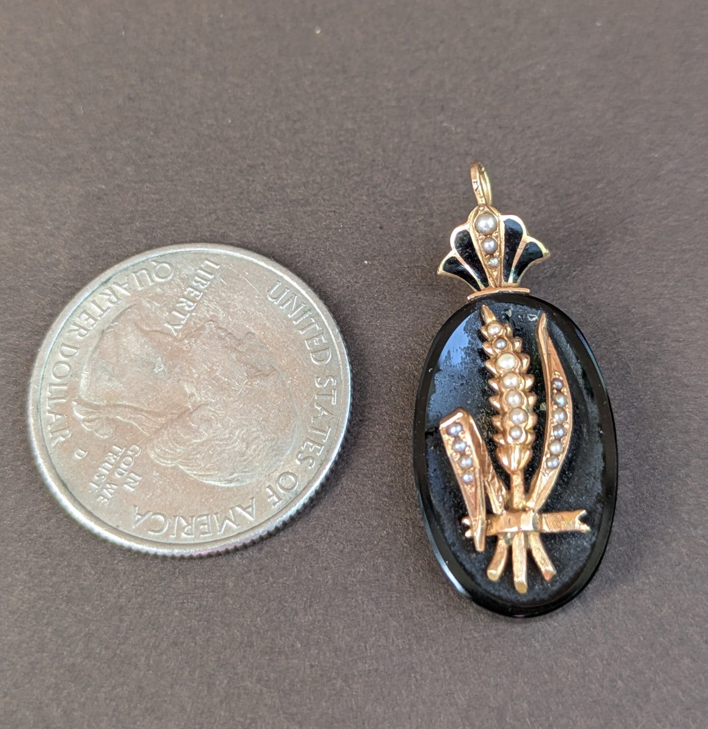 14kt Seed Pearl & Onyx Wheat Shaft Pendant