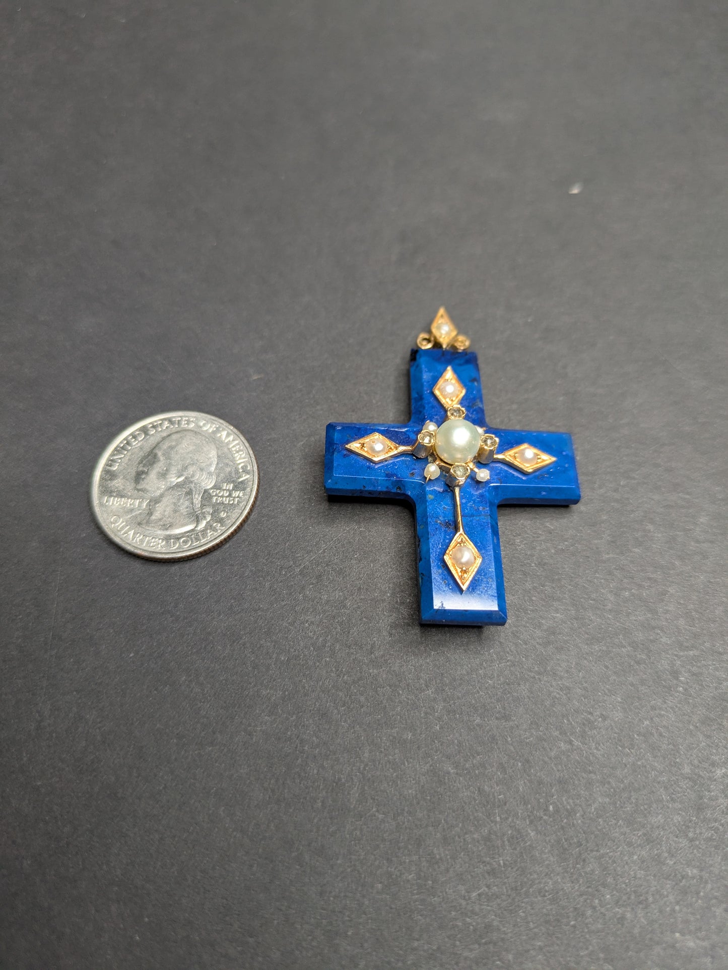Craved Lapis Cross set with 14kt Pearls and Diamond pendant