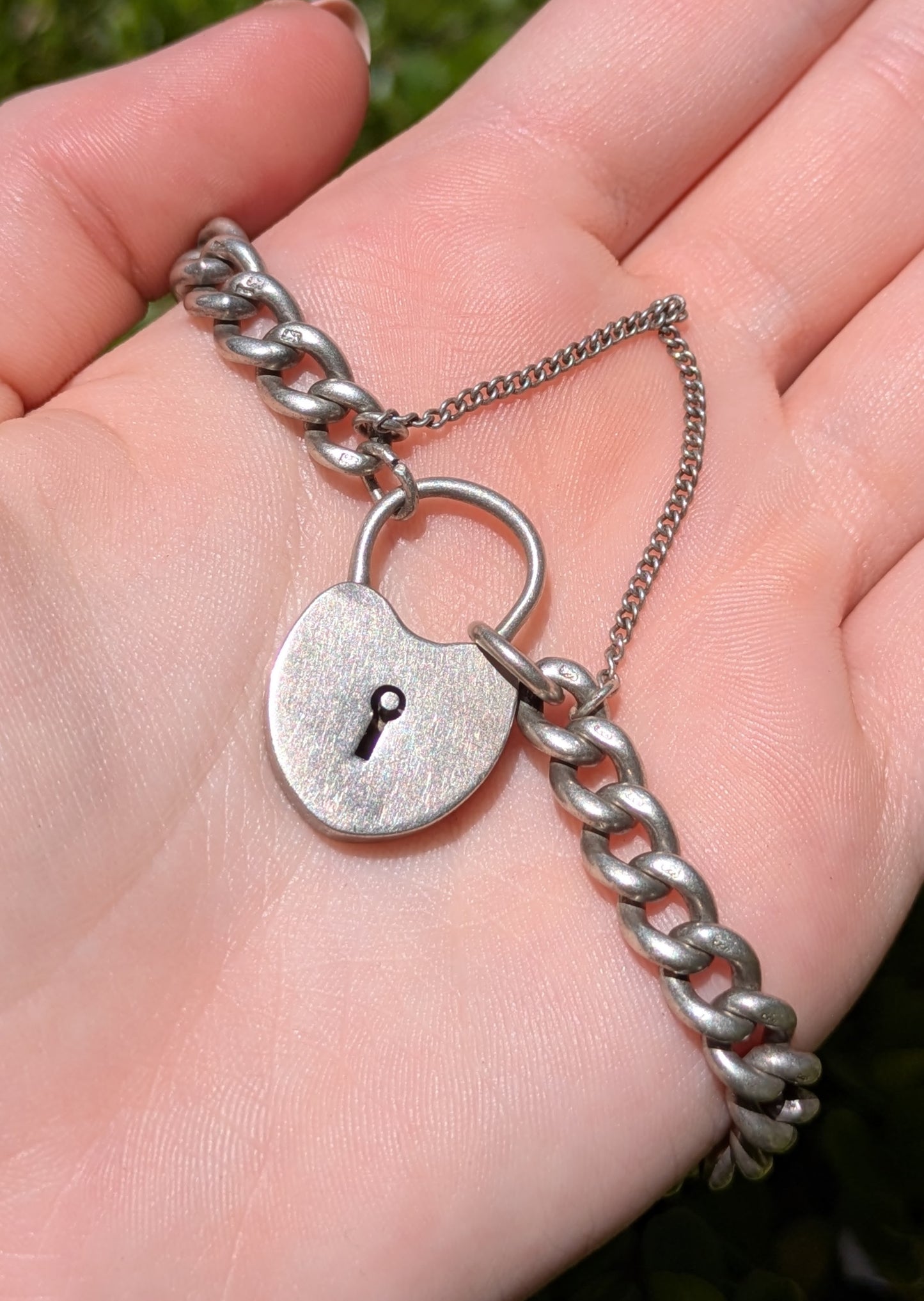 English Sterling Solid Curb Heart Clasp Bracelet