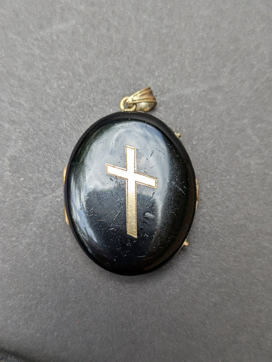 German 14k Late 1800's Black Enamel Cross Locket
