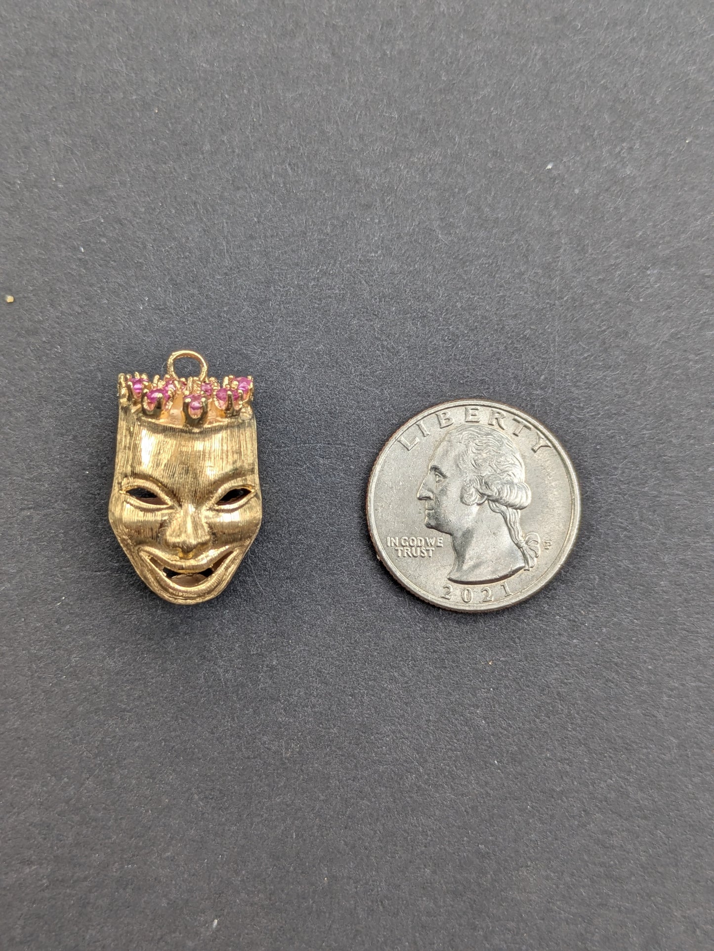 Heavy 14k Drama Masks Pendant with Sapphire and Ruby
