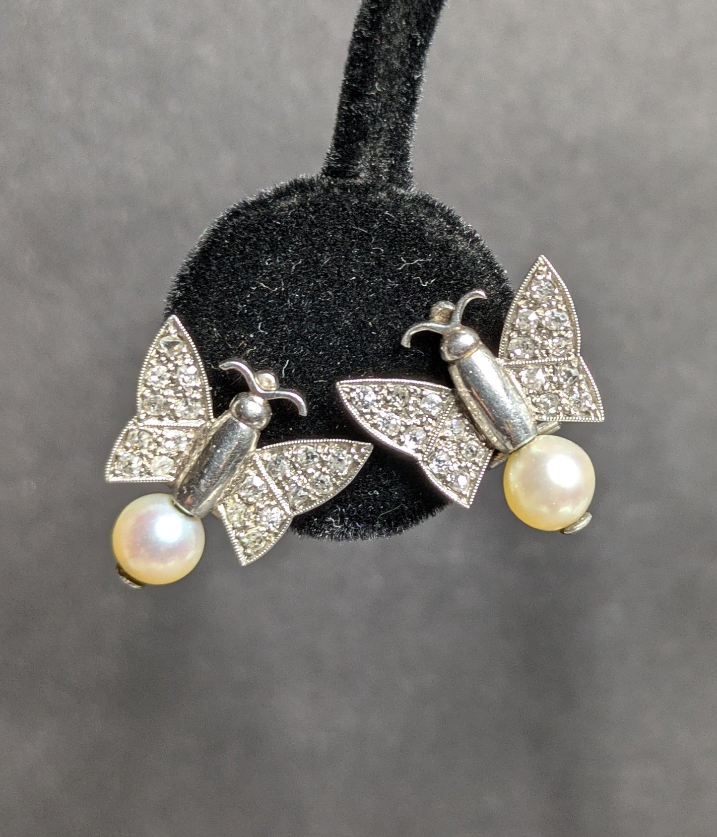 Platinum Diamond and Pearl 1940's Butterfly Earrings