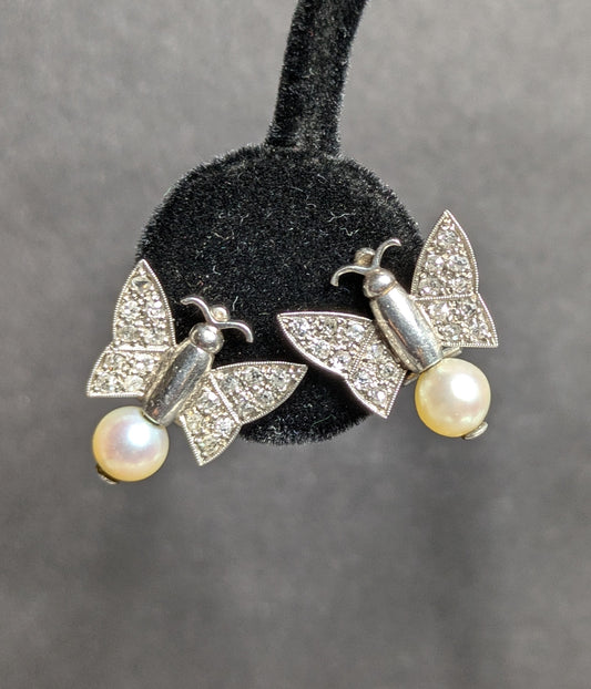 Platinum Diamond and Pearl 1940's Butterfly Earrings