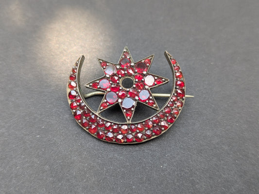 Bohemian Garnet Crescent and Star Brooch