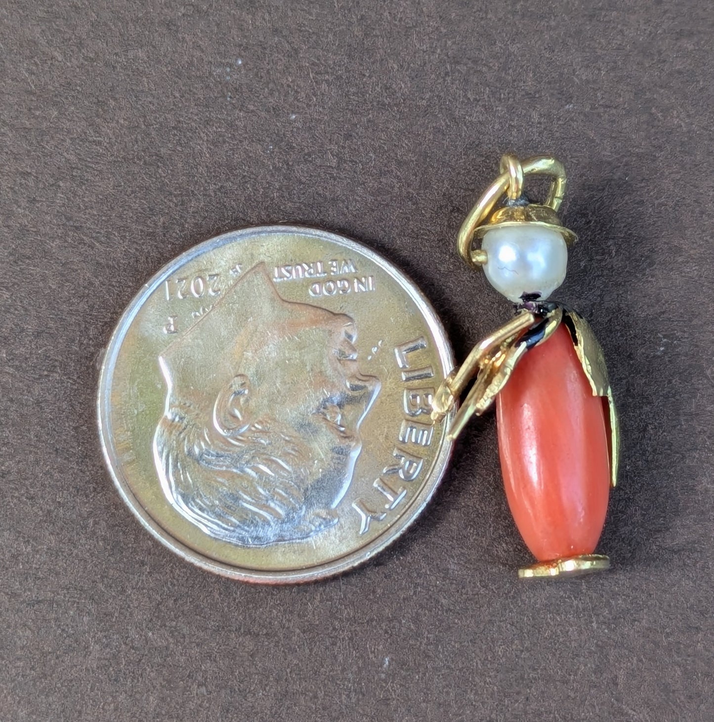 18kt Pearl and Coral Violin Player Charm 1920's