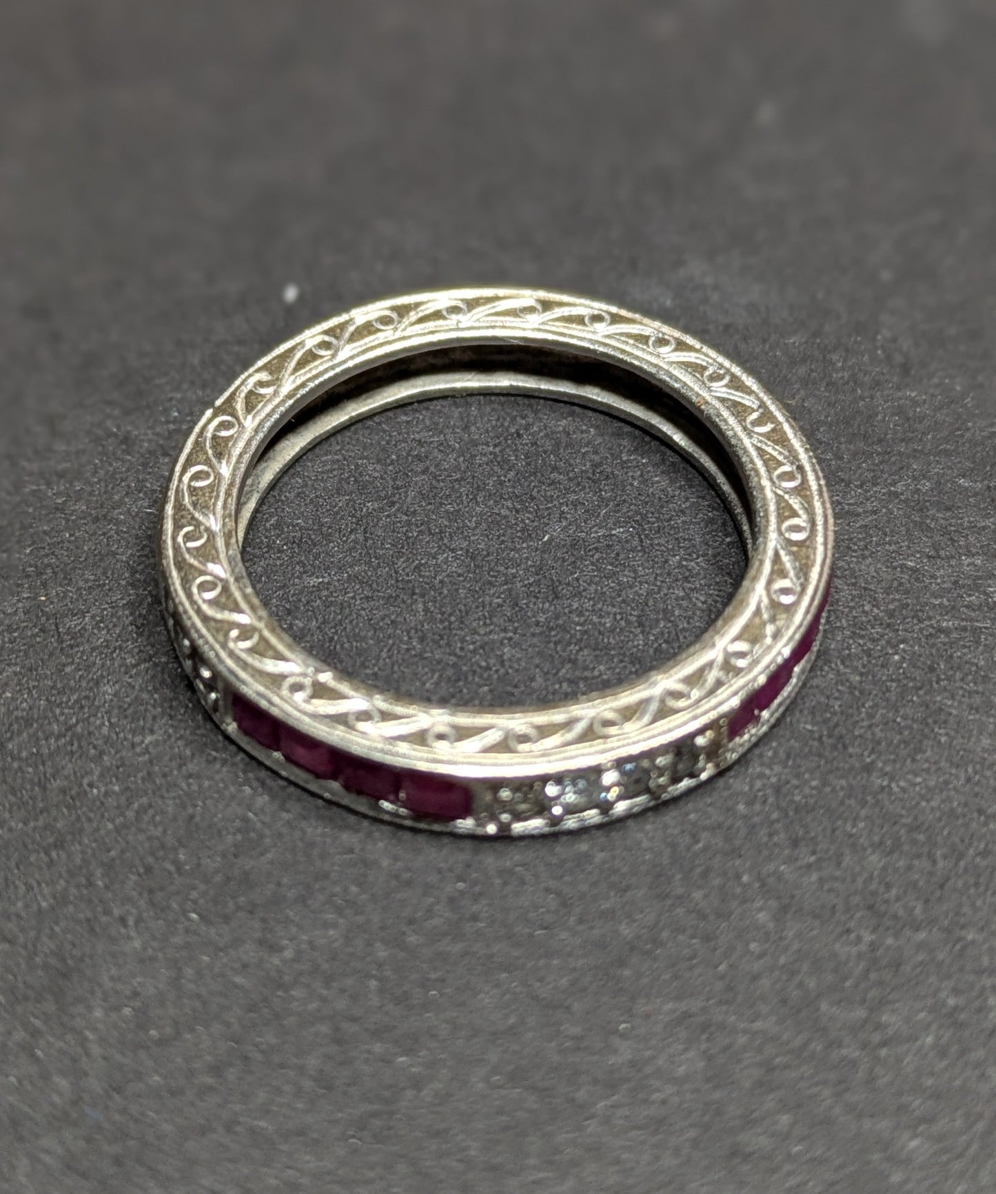 14k White Gold Diamond and French Cut Ruby Anniversary Band