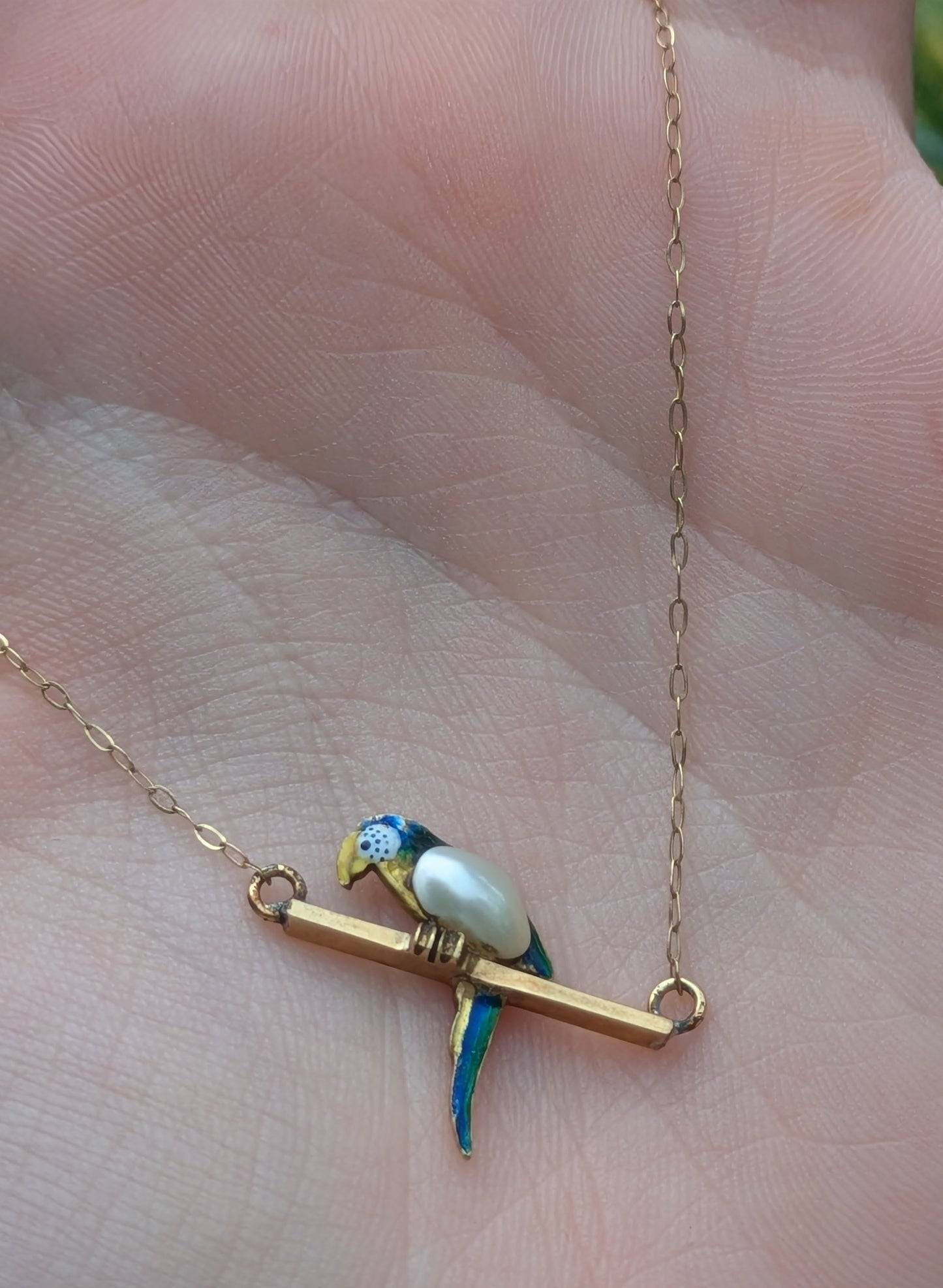 14kt Enamel & Pearl Parrot on Perch Necklace