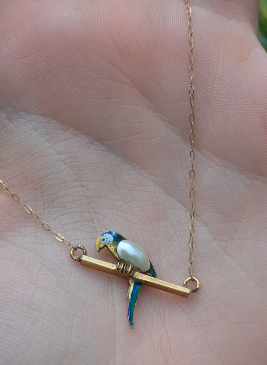 14kt Enamel & Pearl Parrot on Perch Necklace
