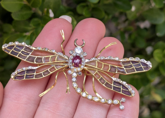 18kt "Plique a Jour" Dragon FLy Brooch with Diamonds & Ruby Cabacon