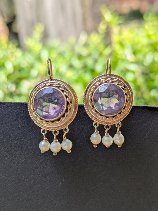 14kt Amethyst Earrings with Pearl Dangles