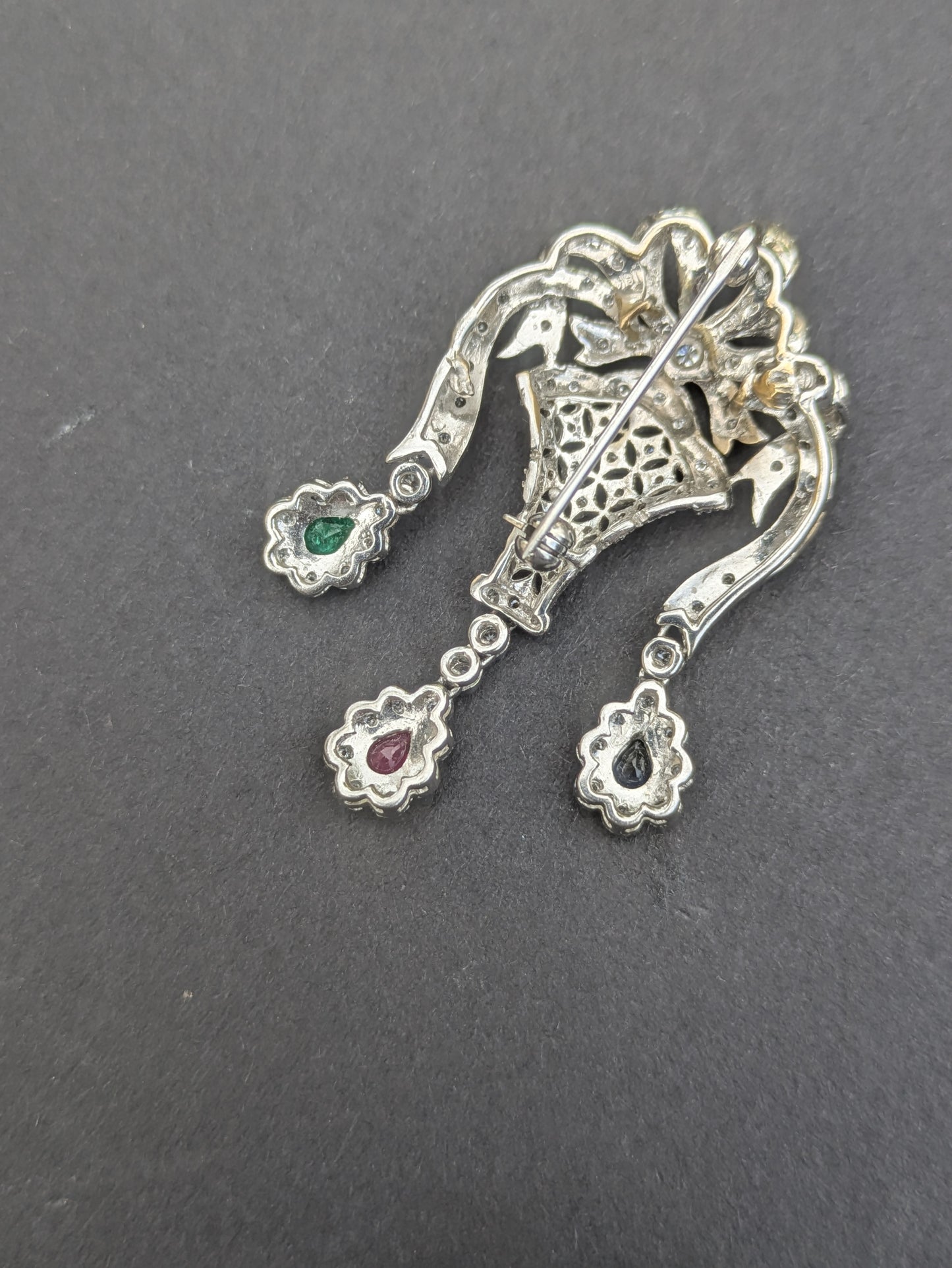 18k White Gold, Diamond, Sapphire, Ruby and Emerald Brooch