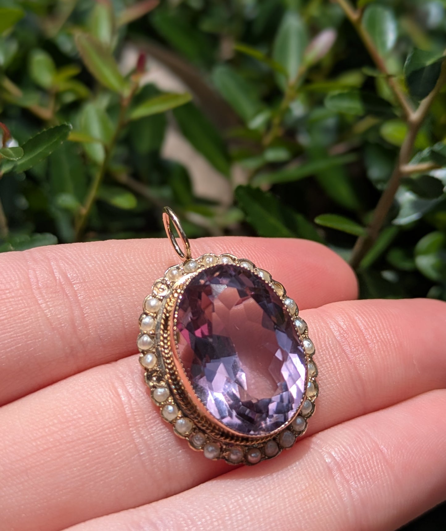 14kt Victorian Era (America) Amethyst with Milgrain and Seed Pearl Halo Pendant