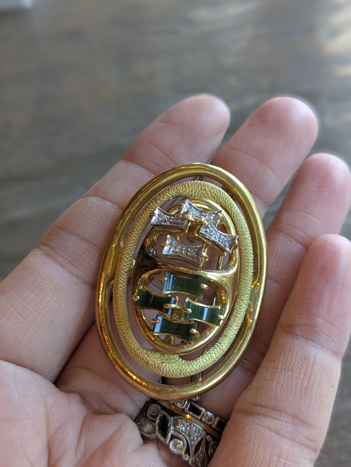 Nephrite and Diamond Brutilist Brooch and Pendant