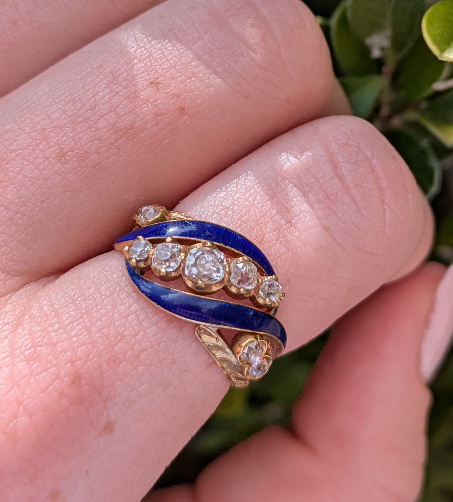 18k Blue Enamel & Mine Cut Diamond Ring from Mid 1800's