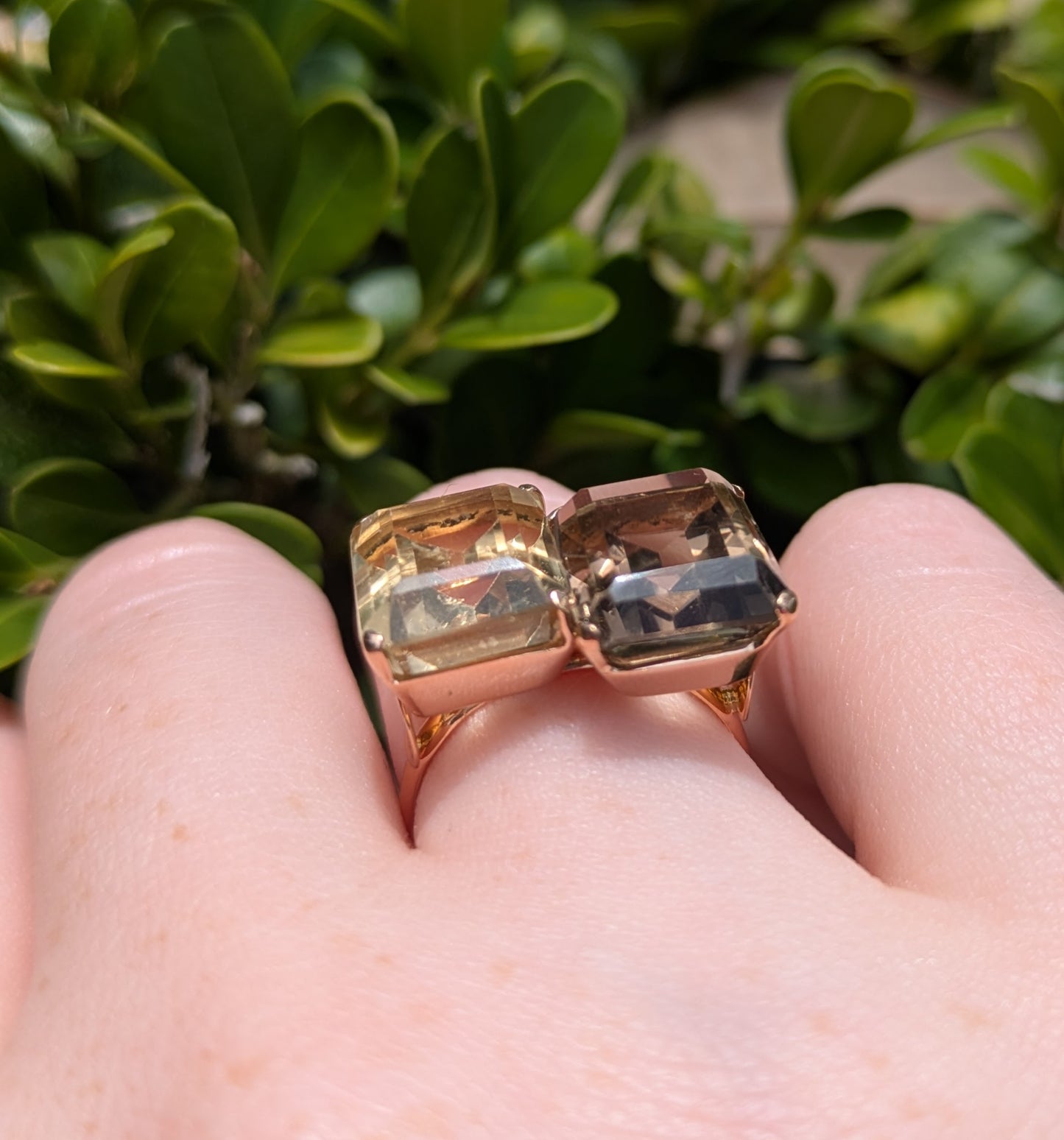 1960's 18kt Emerald cut Quartz & Citrine "Toi et Moi" Ring