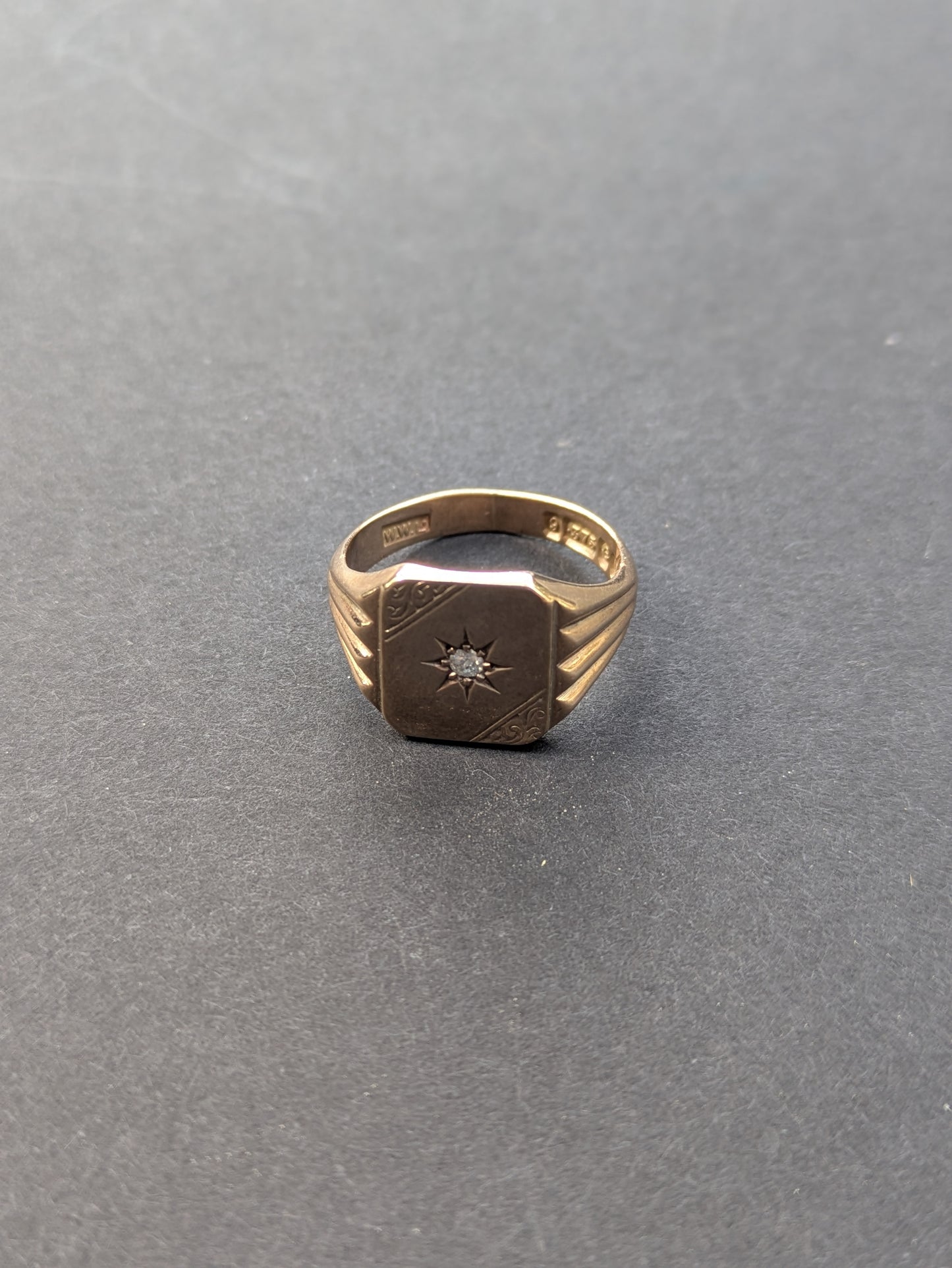 9k London English Signet Ring with Diamond Star