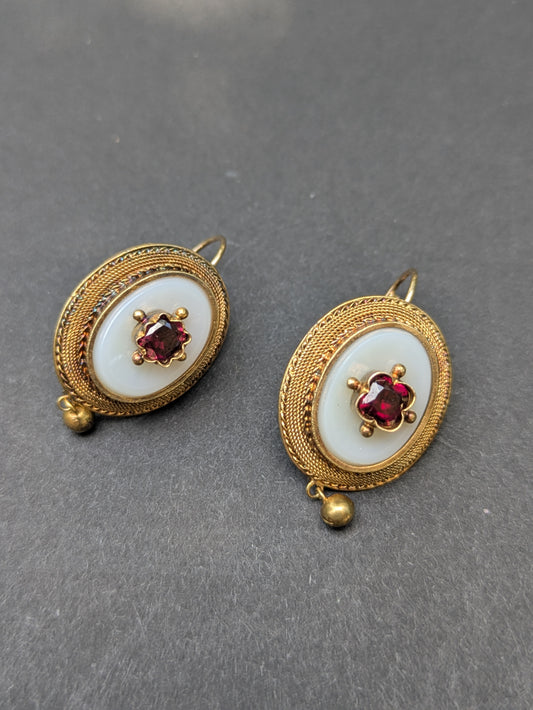 18kt with 14kt Lever Backs Agate and Ruby