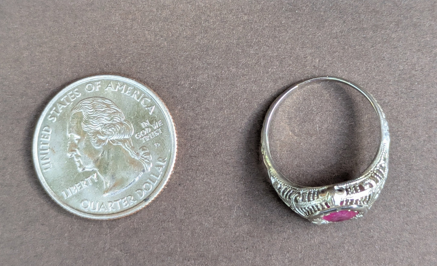 18k White Gold Filigree Ring with Ruby
