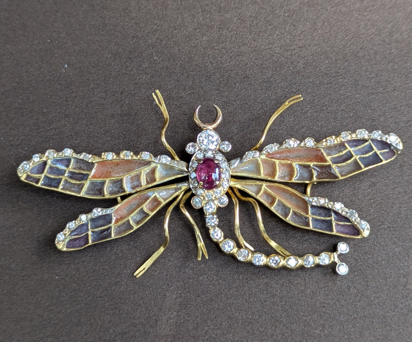 18kt "Plique a Jour" Dragon FLy Brooch with Diamonds & Ruby Cabacon