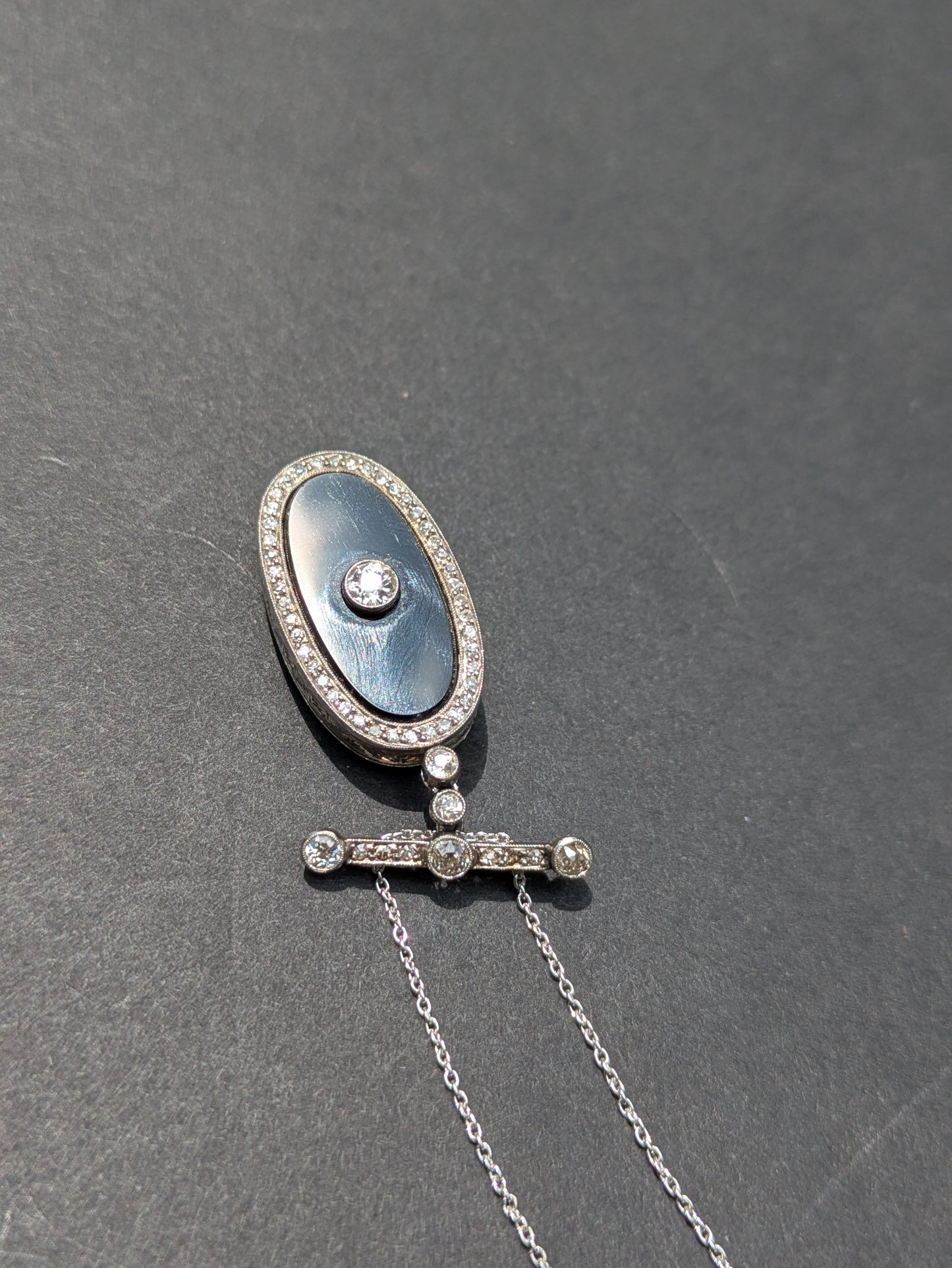 Art Deco Platinum Onyx and Diamond Watch Pendant on 14kt White Gold Chain