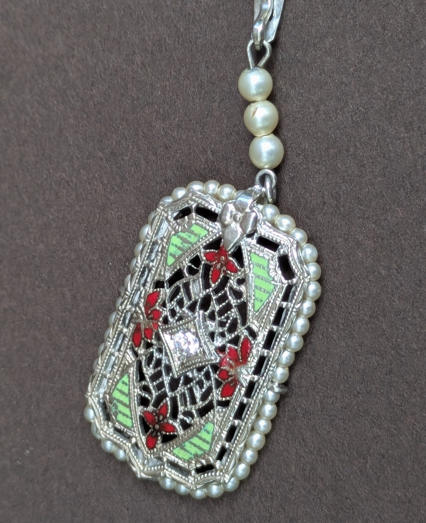 14k White Gold Filigree Necklace with Enamel, Pearl, and Diamond