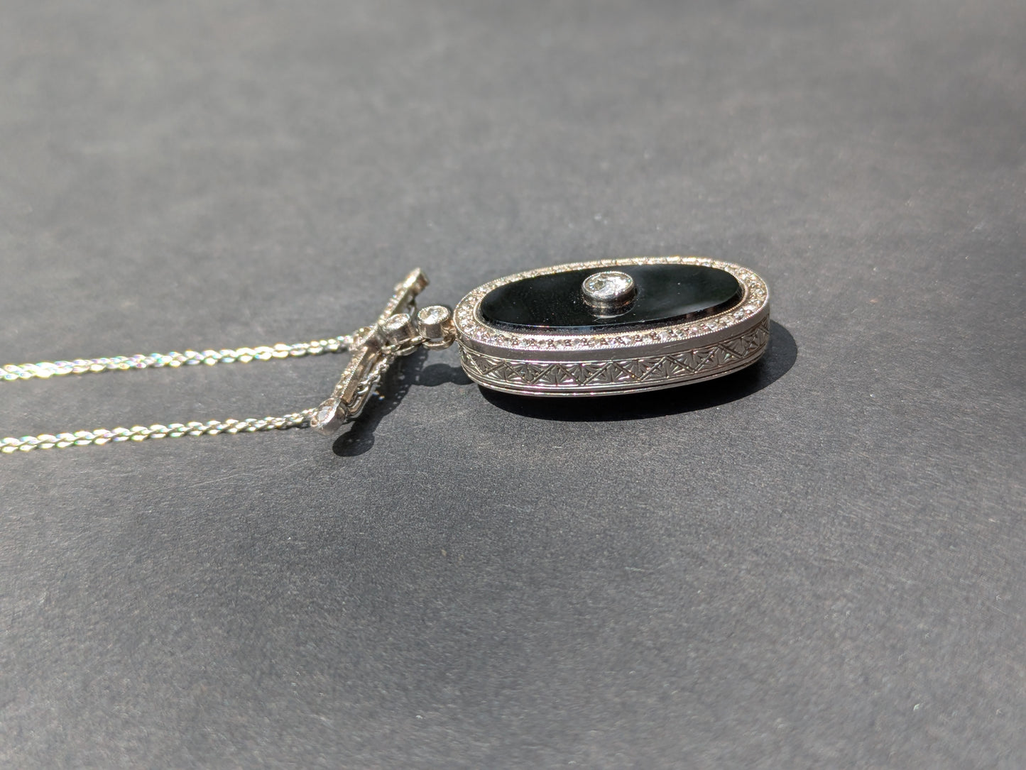 Art Deco Platinum Onyx and Diamond Watch Pendant on 14kt White Gold Chain
