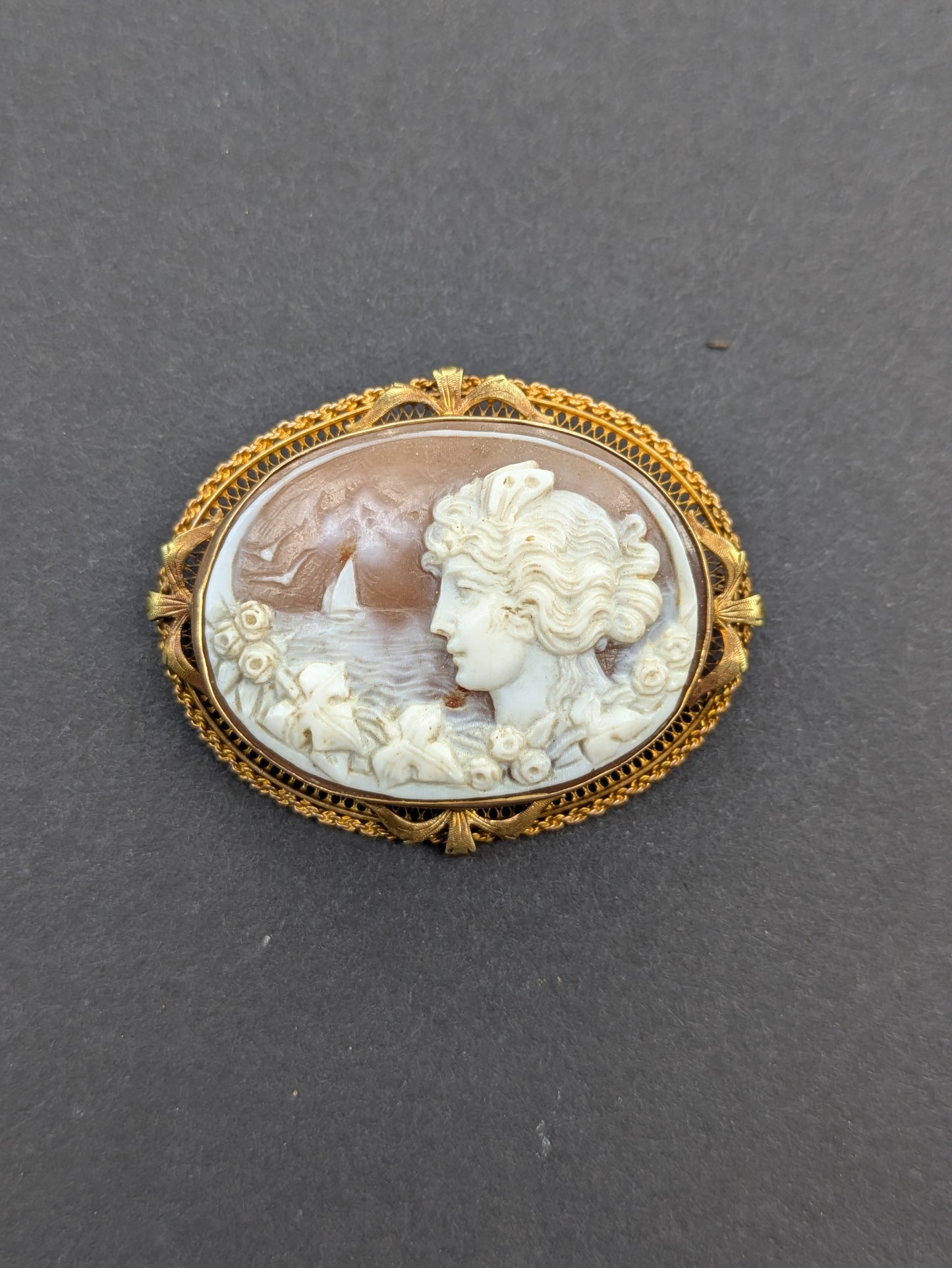 Elaborate Oval Shell Cameo Brooch in 10k Frame