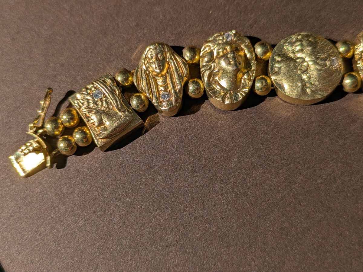 14K SLIDE BRACELET WITH DIAMOND ADORNED ART NOUVEAU WOMEN FACES