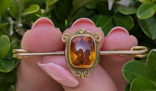 Arts & Crafts 14kt American Citrine Safety Pin Style Brooch