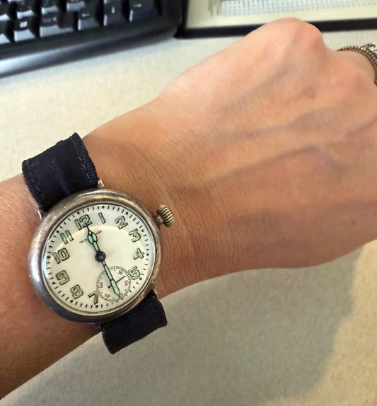 English Sterling Silver Trench Watch on Fabric Band