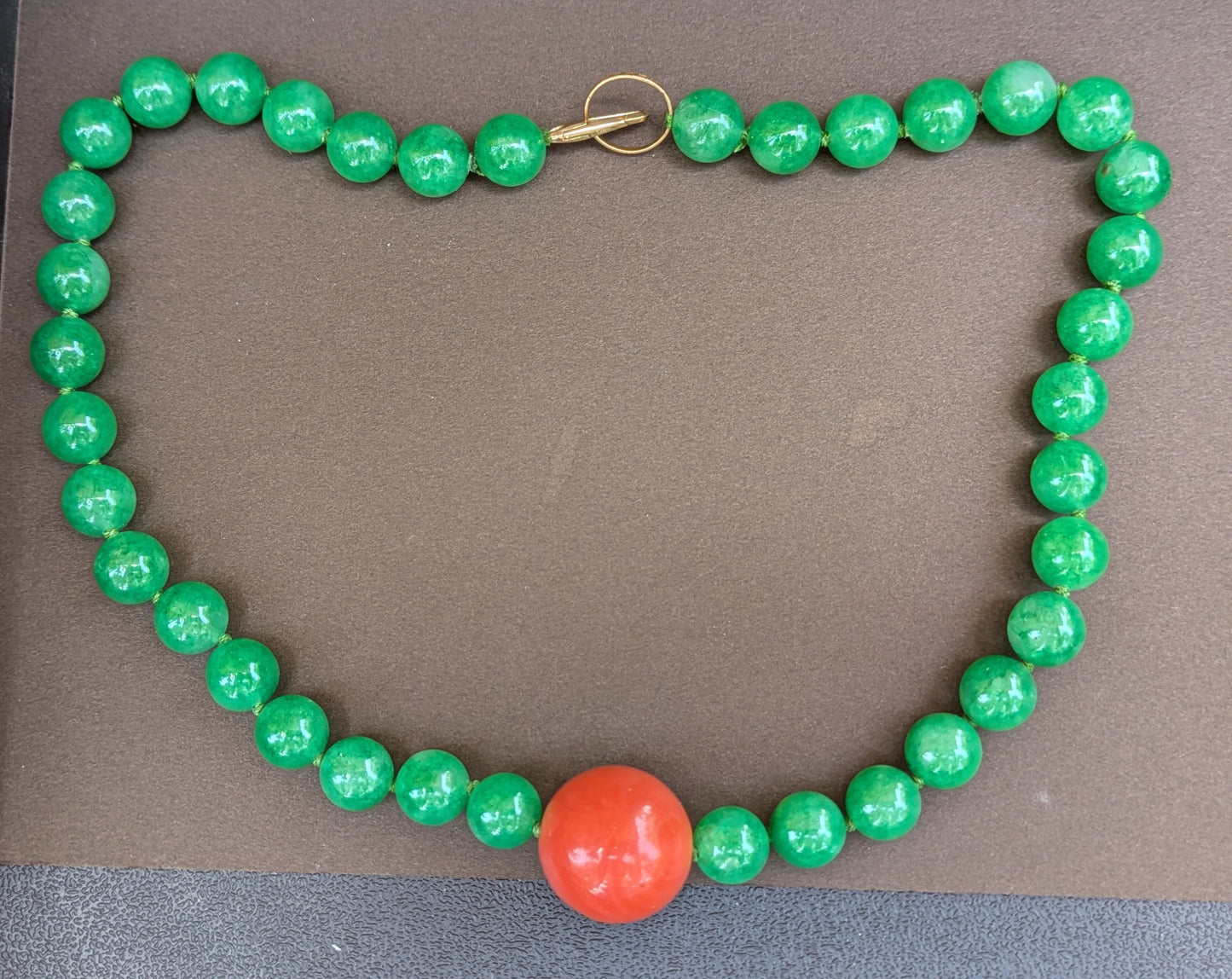 Apple Jade with Large Coral Center with 14kt Clasp & Baby Ring Closure