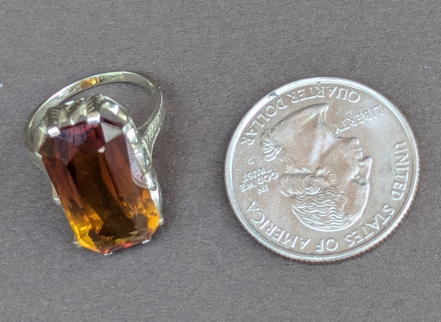 20k White Gold and Elongated Cushion Cut Citrine Ring with Hand Engraving