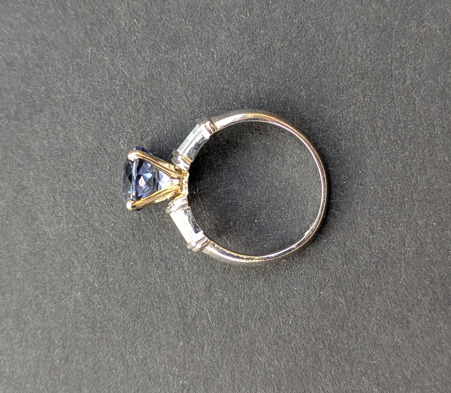 Platinum and Lavender Sapphire Ring with Side Diamond Baguettes
