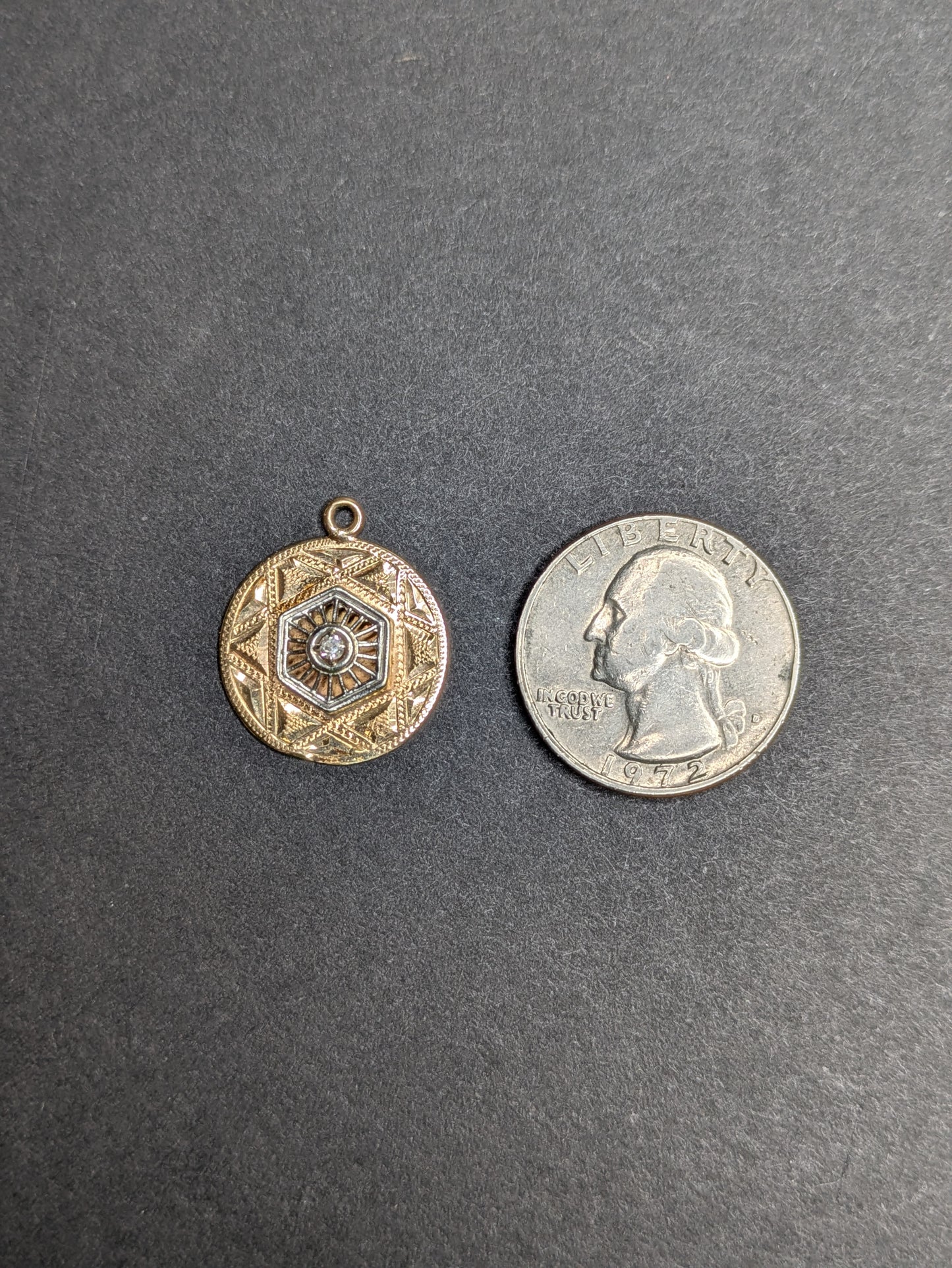 14kt Engraved Disk Charm with added Stick Pin Hexagon and Diamond