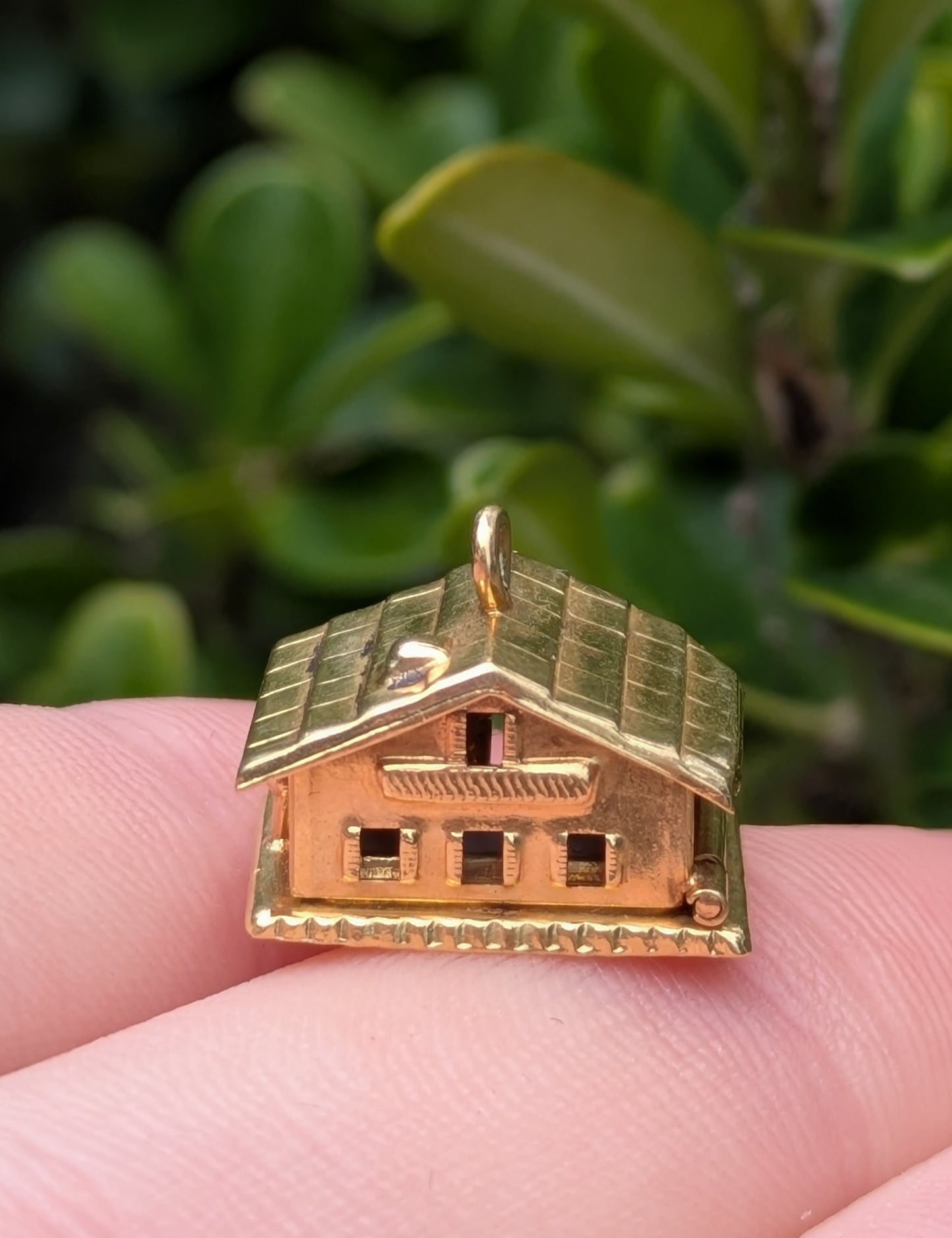 18k Articulated Swiss House Charm with 2 Enamel Hearts