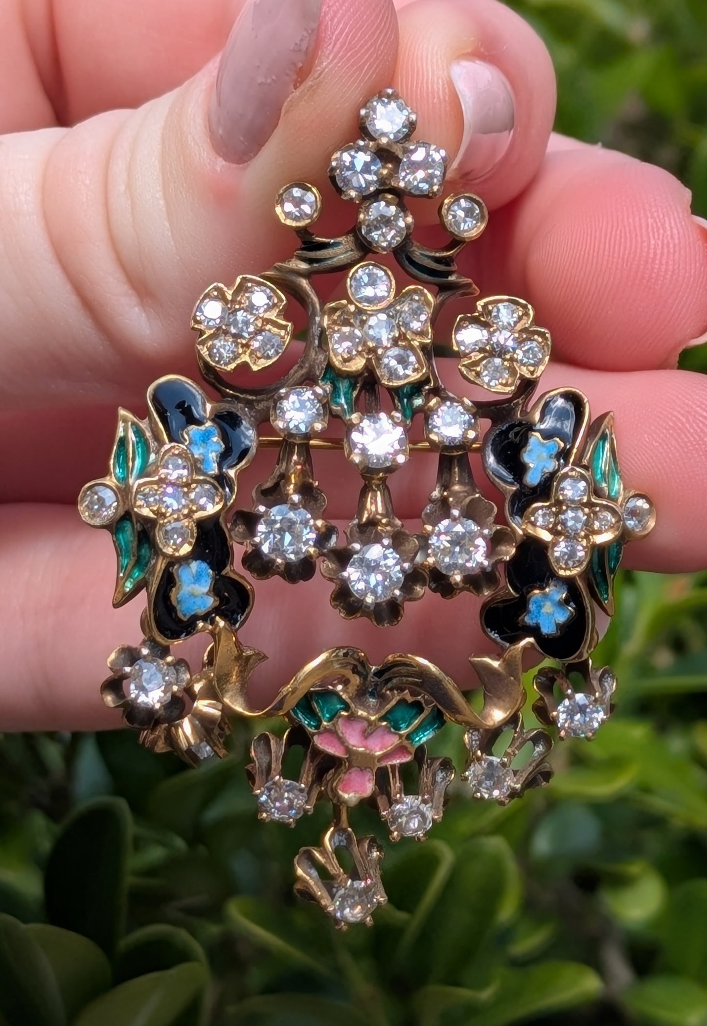 Large 14kt Brooch/Pendant with Mine Cut Diamonds & Pastel Enamel