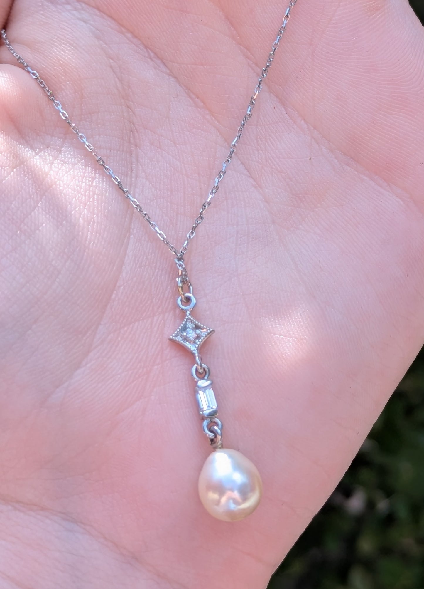 Platinum Diamond Pearl Necklace on White Gold Chain