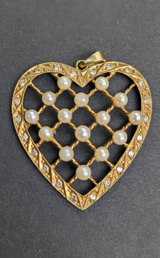 Large Vintage 14kt Pearl and Diamond Heart Pendant