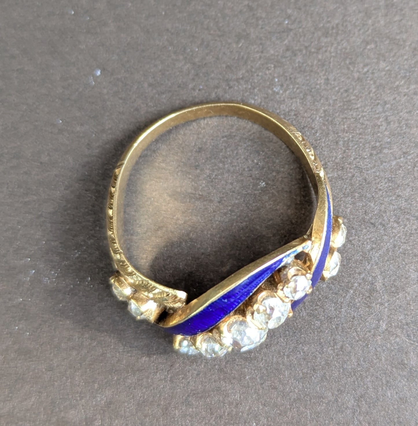 18k Blue Enamel & Mine Cut Diamond Ring from Mid 1800's