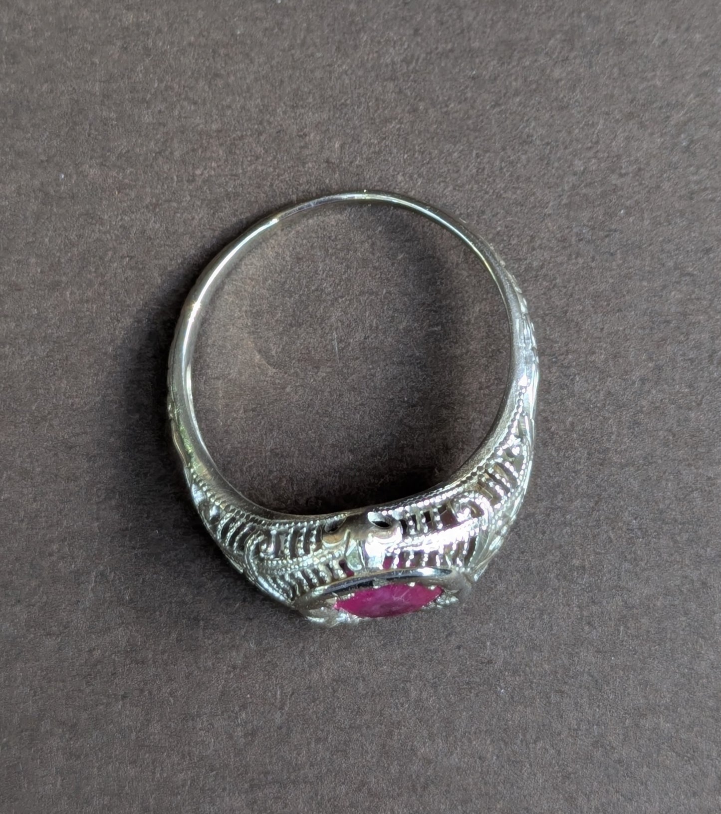 18k White Gold Filigree Ring with Ruby