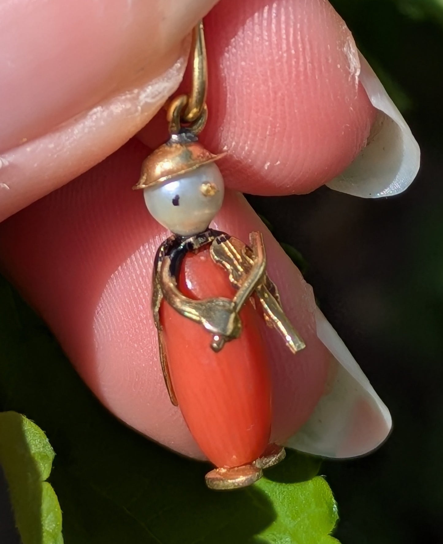 18kt Pearl and Coral Violin Player Charm 1920's