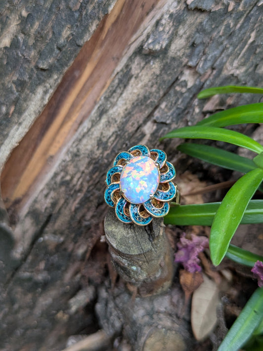 14kt Green Enamel and Opal Ring