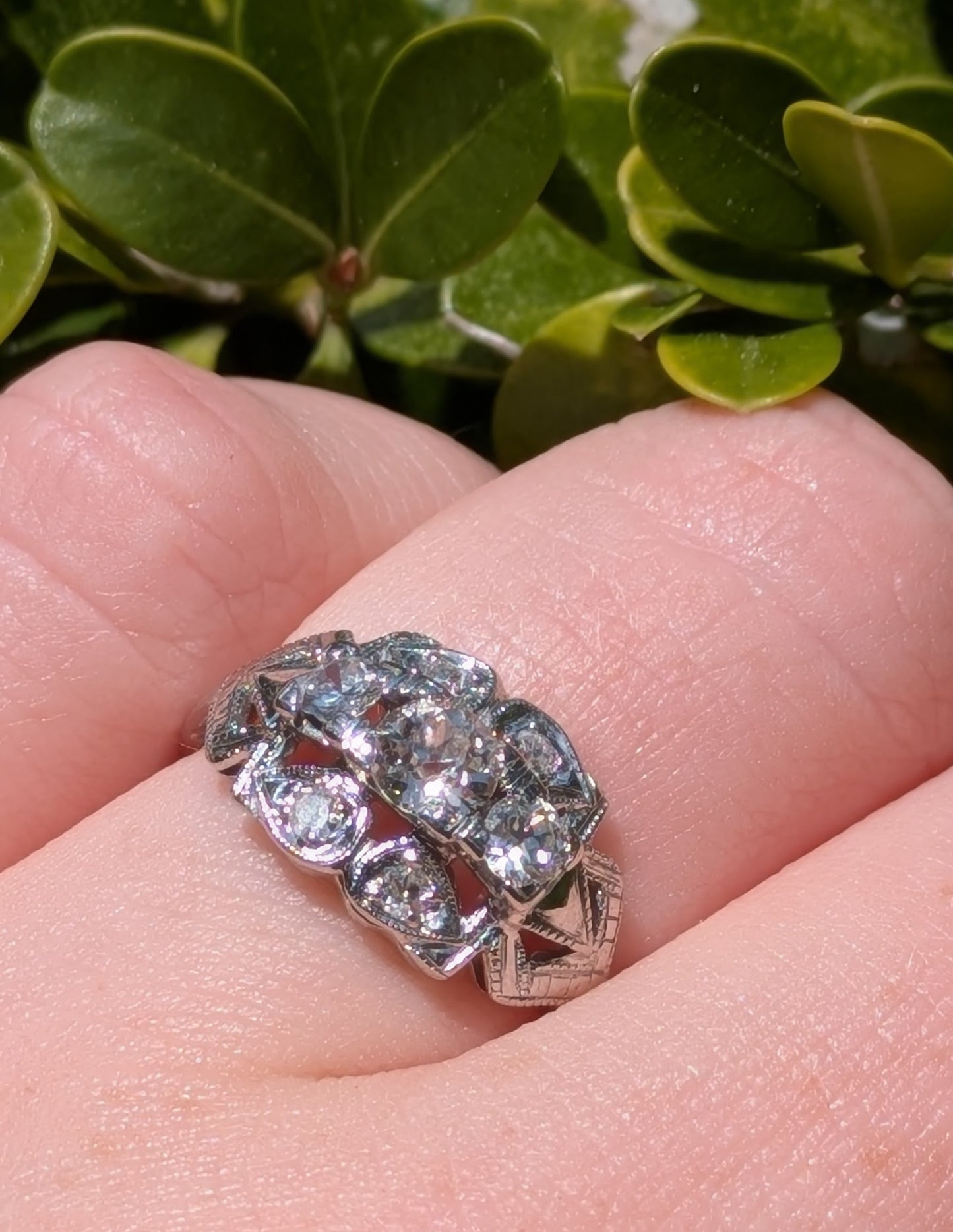 1930's 14k 3 Stone Diamond Ring with Side Diamonds