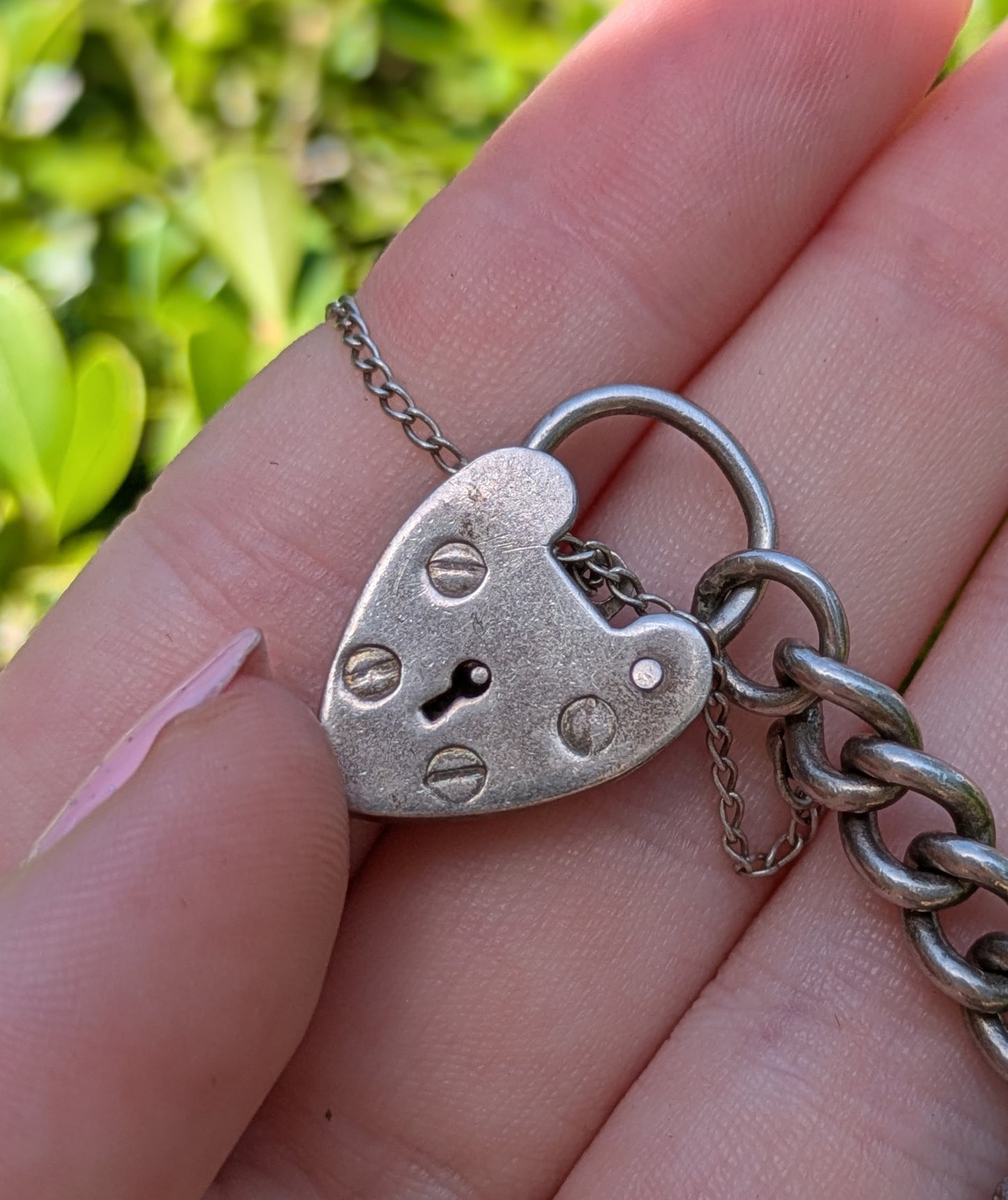 English Sterling Solid Curb Heart Clasp Bracelet