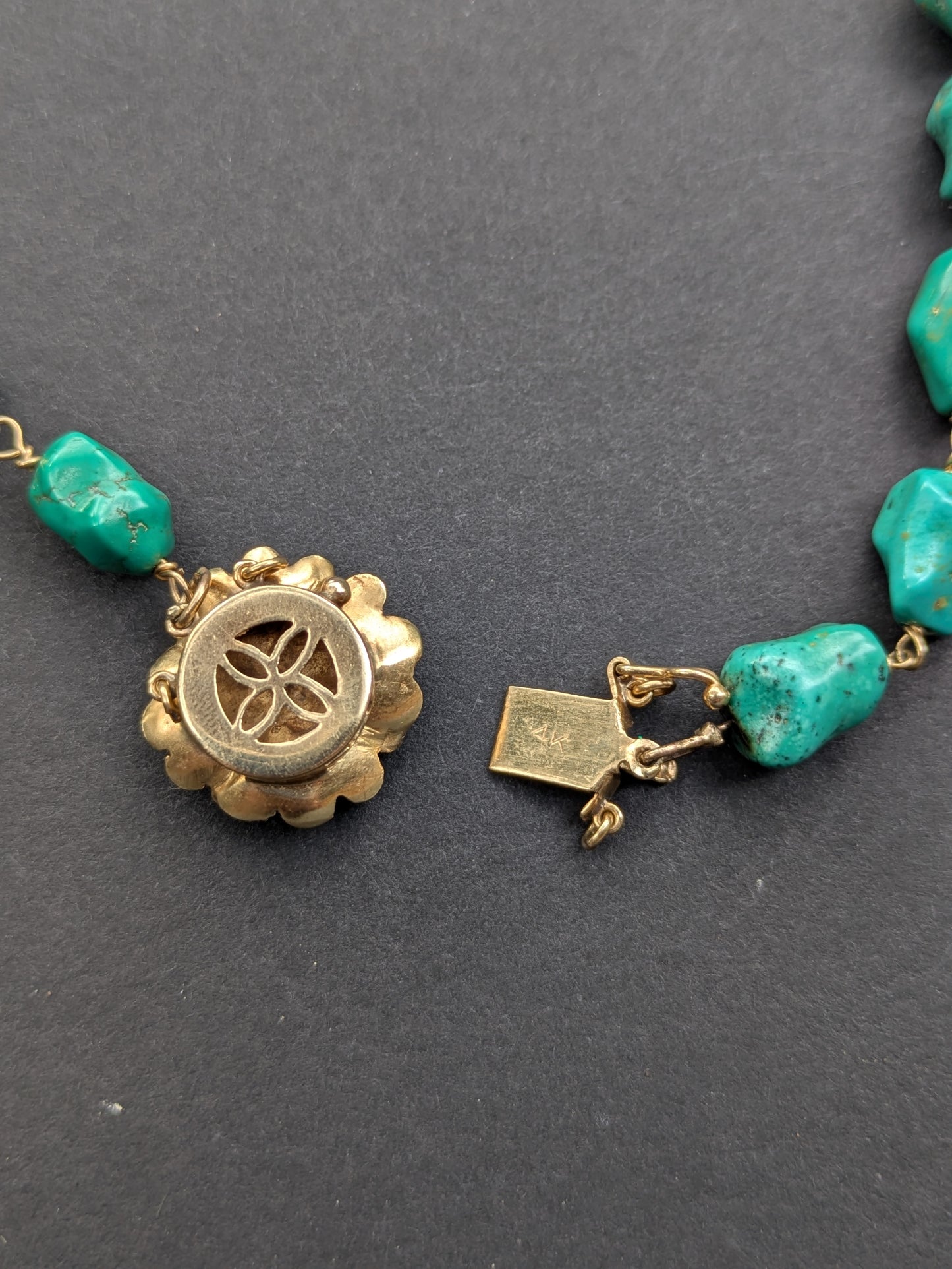 Turquoise Necklace with 14k Large Flower Clasp
