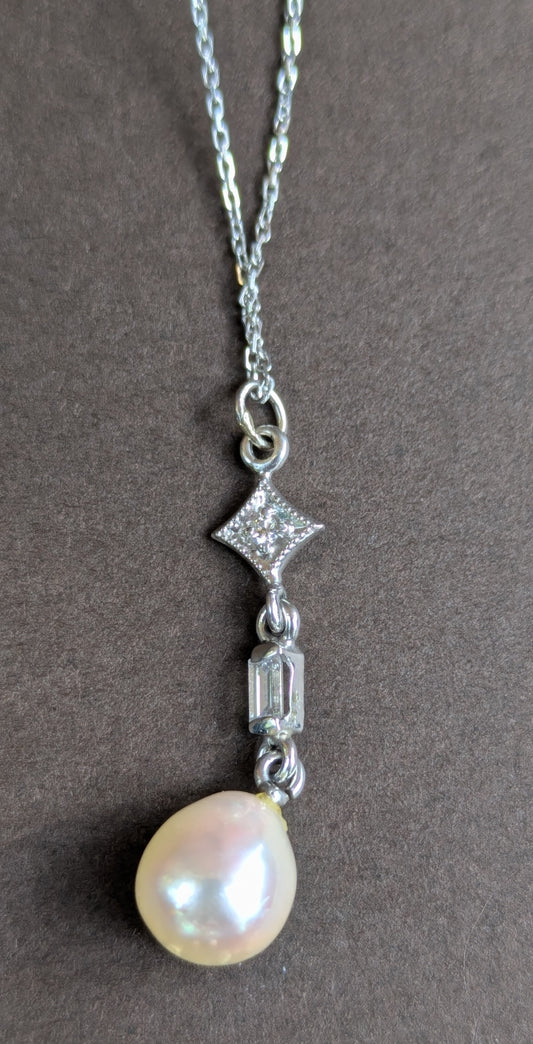 Platinum Diamond Pearl Necklace on White Gold Chain