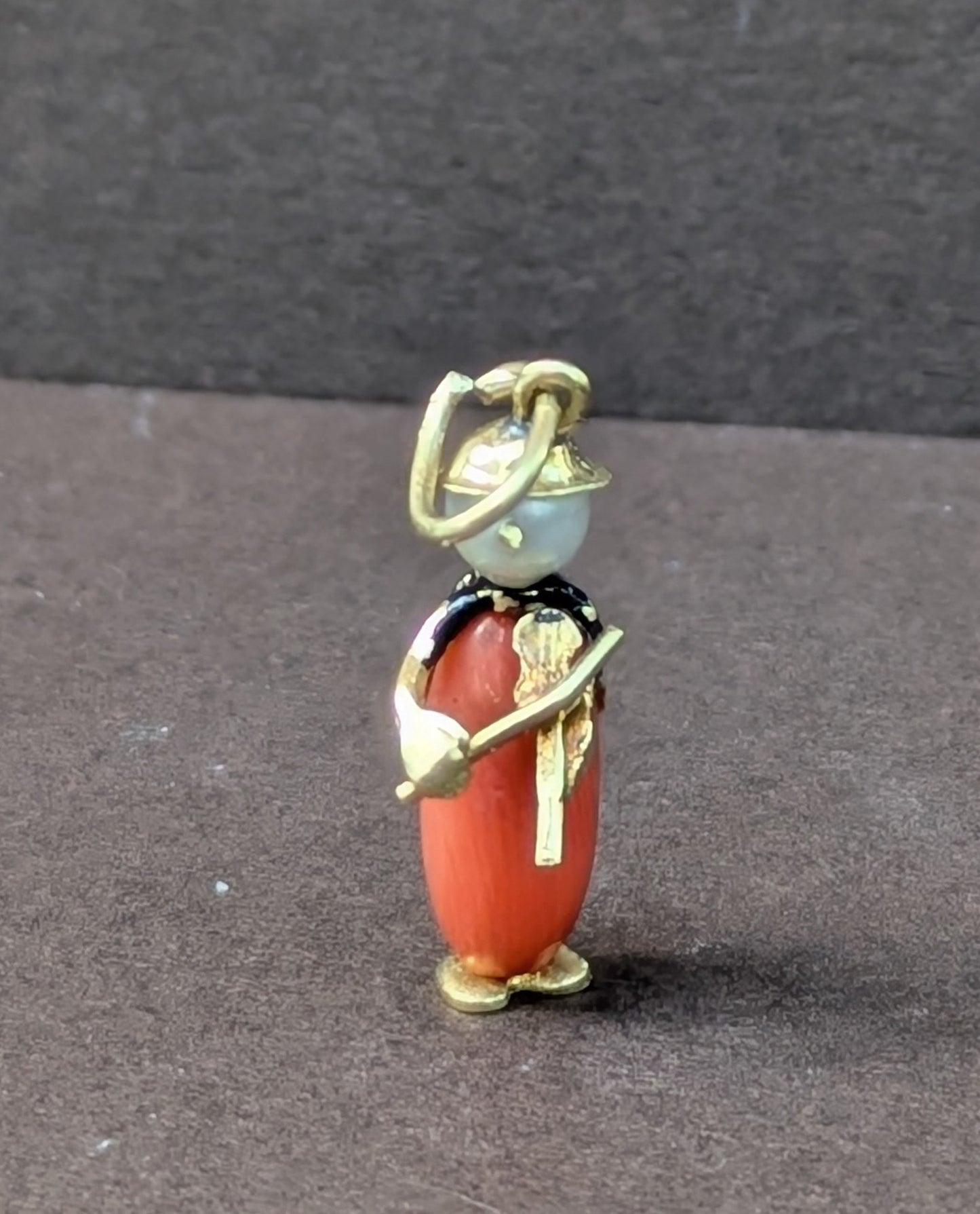 18kt Pearl and Coral Violin Player Charm 1920's